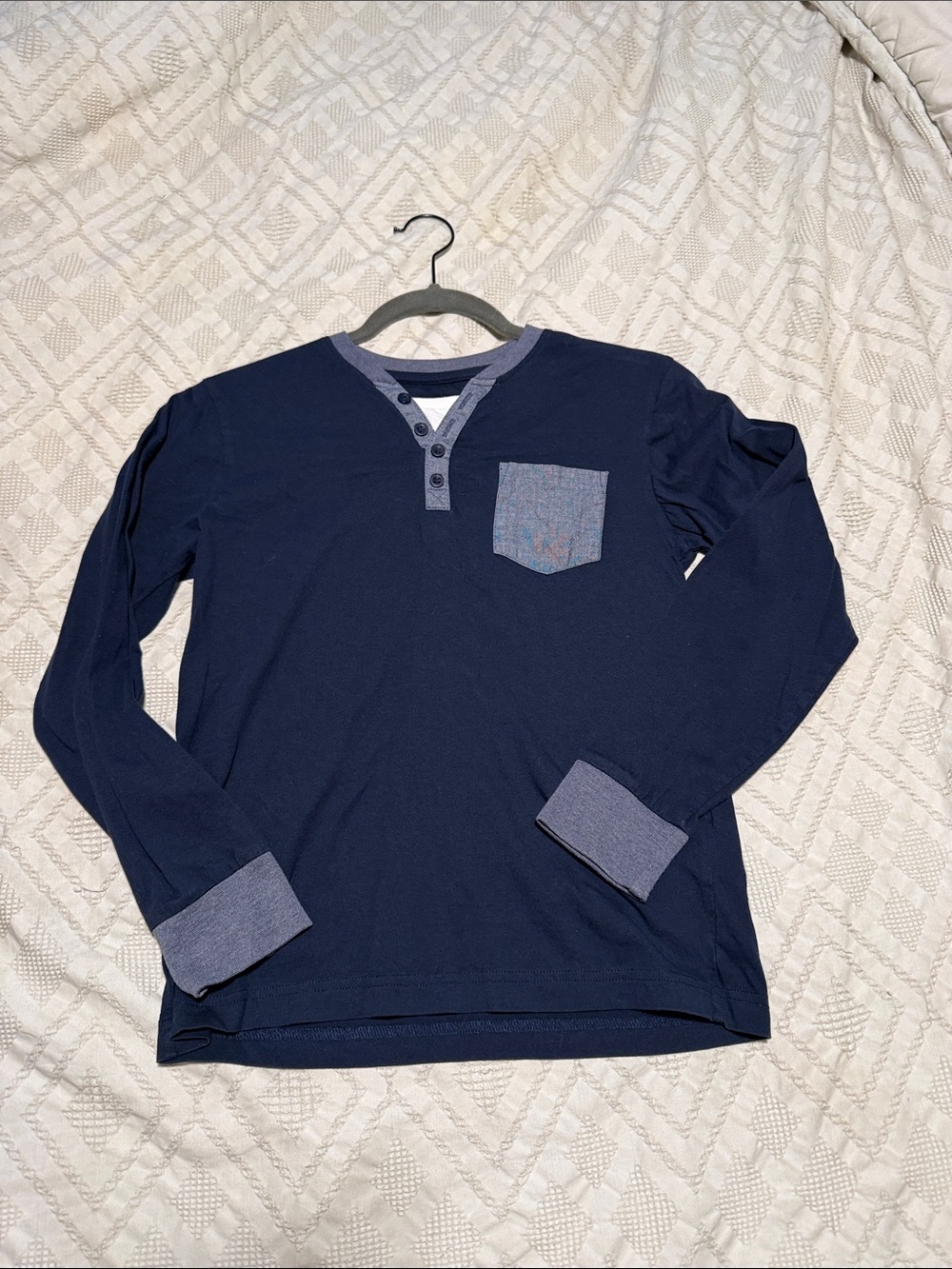 Route 66 Navy Long-Sleeve Henley with Light Blue Trim